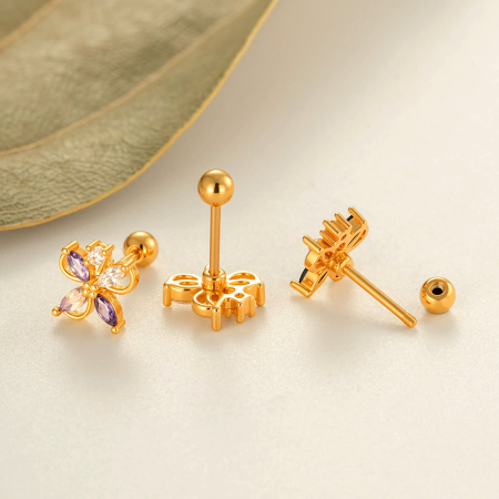 Boucle d'oreille piercing fleur cuivre or zircon 1 pièce 2