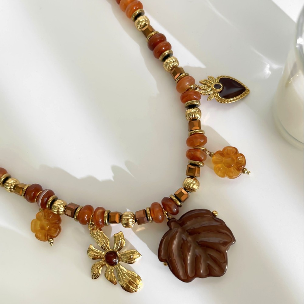 Collier De Perles En Résine Couleur Or, 1 Pièce, Motif Fleur, Cœur, Feuille Image5