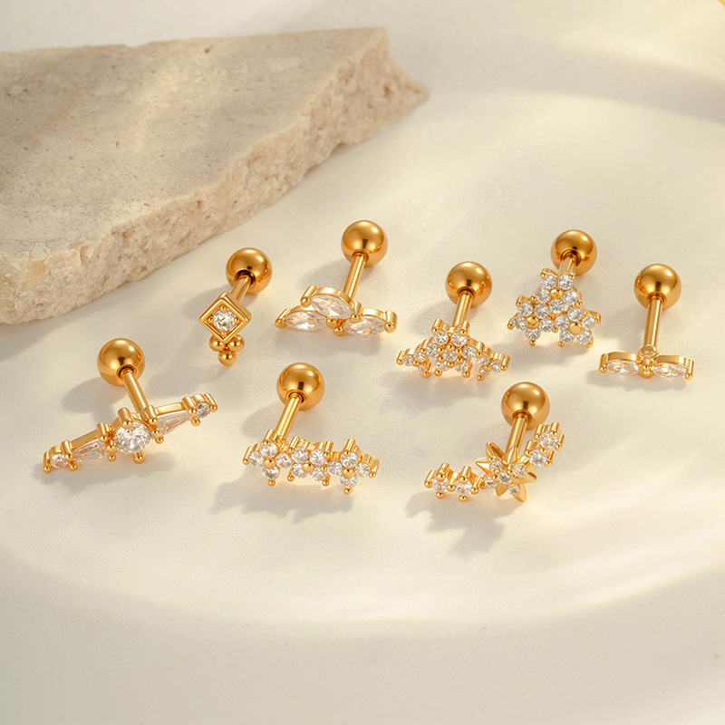 Boucles D'Oreilles Percées Délicates En Forme De Fleur, Couleur Cuivre Et Or, Zircone, Pour Femme, 1 Pièce Image4