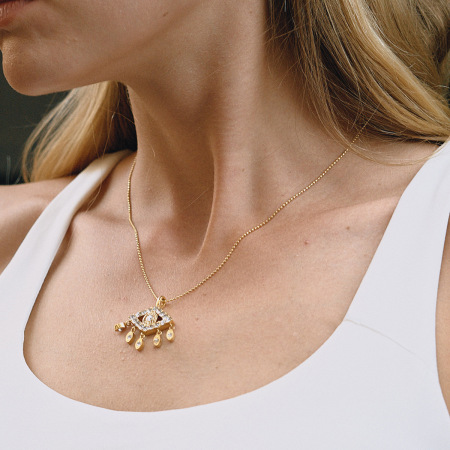 Collier Pendentif Pour Femme, Orné D'Un Zircon Doré, En Acier Inoxydable Étanche Et Orné D'Un Œil De Diable (1 Pièce)