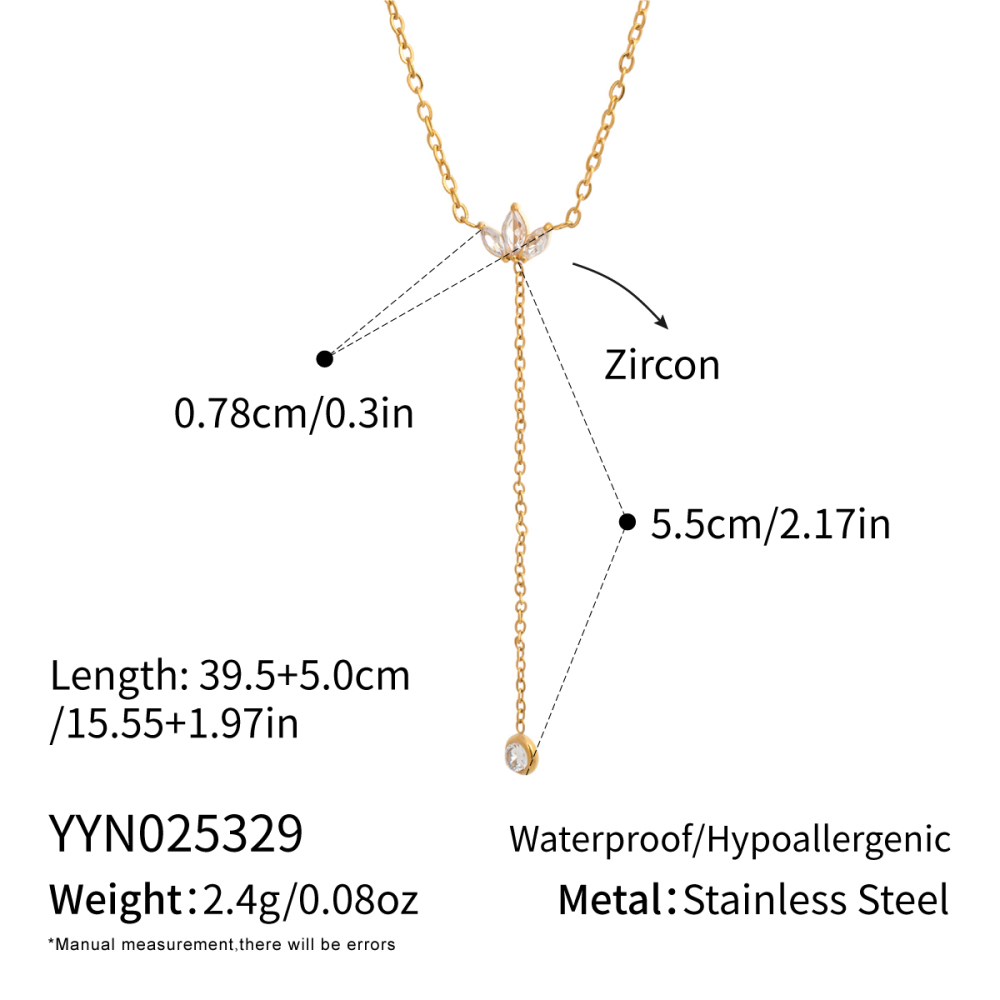 Collier Pendentif En Acier Inoxydable Étanche Couleur Or, En Forme De Fleur En Forme De Y, Orné D'Un Zircon. 