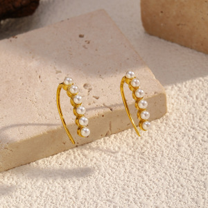 1 Paire De Boucles D'Oreilles Puces En Acier Inoxydable Imperméable, Forme Irrégulière, Couleur Or Et Perle h5 Image2
