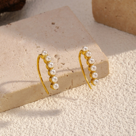1 paire de boucles d'oreilles puces en acier inoxydable imperméable, forme irrégulière, couleur or et perle 2