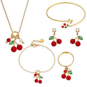 Ensembles De Bijoux Fantaisie Pour Femmes En Acier Inoxydable, Imperméables, Couleur Or Et Zircon, Avec Motif Cerise. h5 Image2