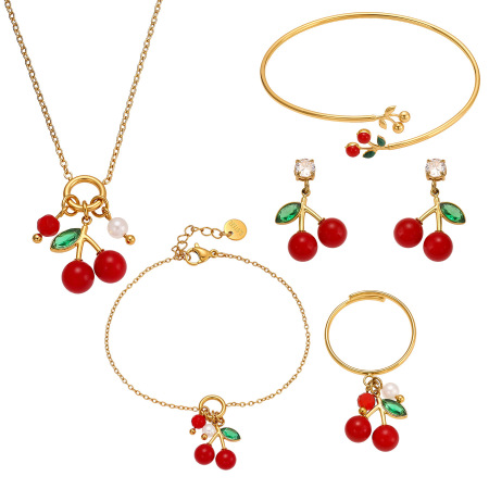 Ensembles de bijoux fantaisie pour femmes en acier inoxydable, imperméables, couleur or et zircon, avec motif cerise. 2