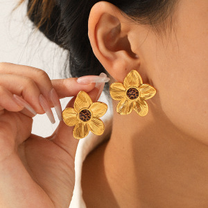 1 Paire De Boucles D'Oreilles Rétro À Motif Floral En Acier Inoxydable, Étanches, Couleur Léopard Doré h5 Image3