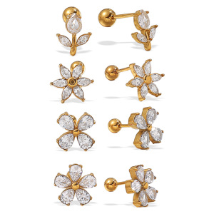 1 Paire De Boucles D'Oreilles Piercing En Acier Inoxydable Doré, Étanches, Avec Zircon Et Motif Floral h5 Image4