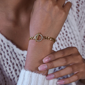 Bracelet Chaîne Ot Zircon De Luxe Pour Femme, 1 Pièce, En Acier Inoxydable Étanche, Couleur Or h5 Image3