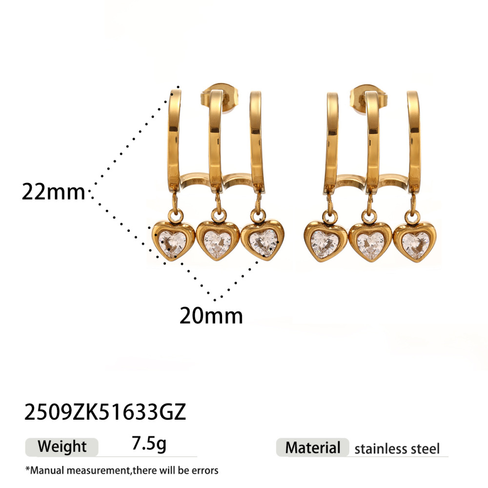 Boucles D'Oreilles Pendantes En Forme De Cœur, En Acier Inoxydable Étanche, Couleur Or, Avec Zircon.