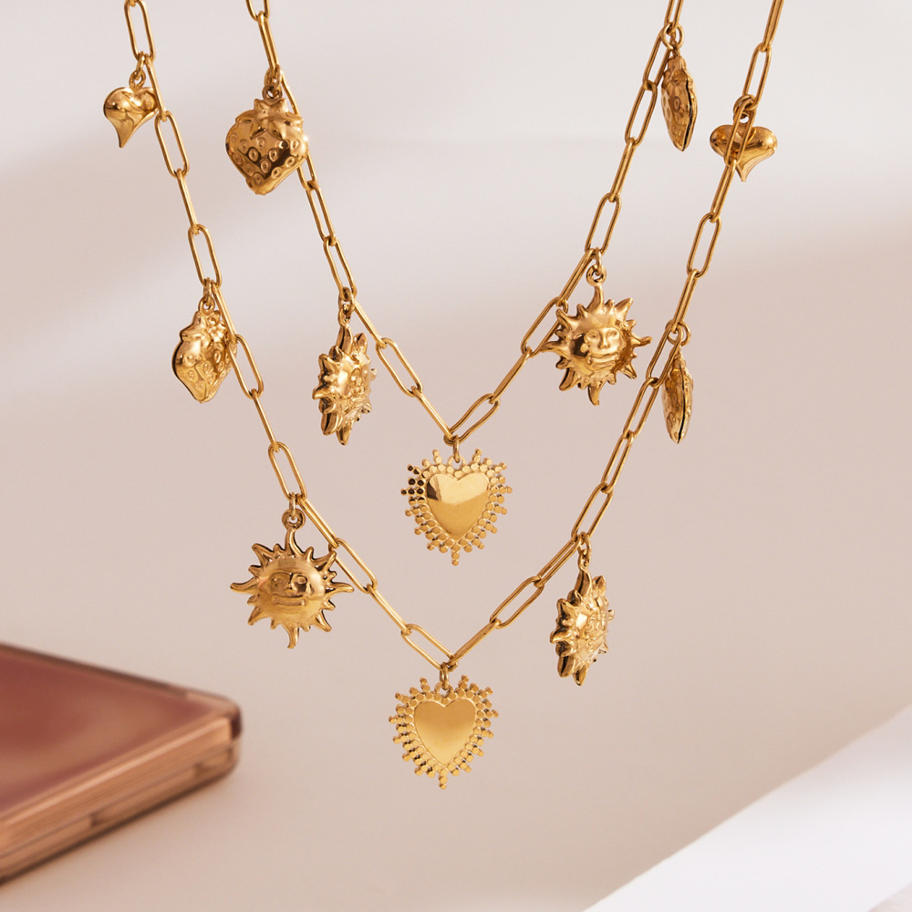 Collier Pendentif Femme Classique Cœur Et Soleil En Acier Inoxydable Étanche Couleur Or (1 Pièce) Image2