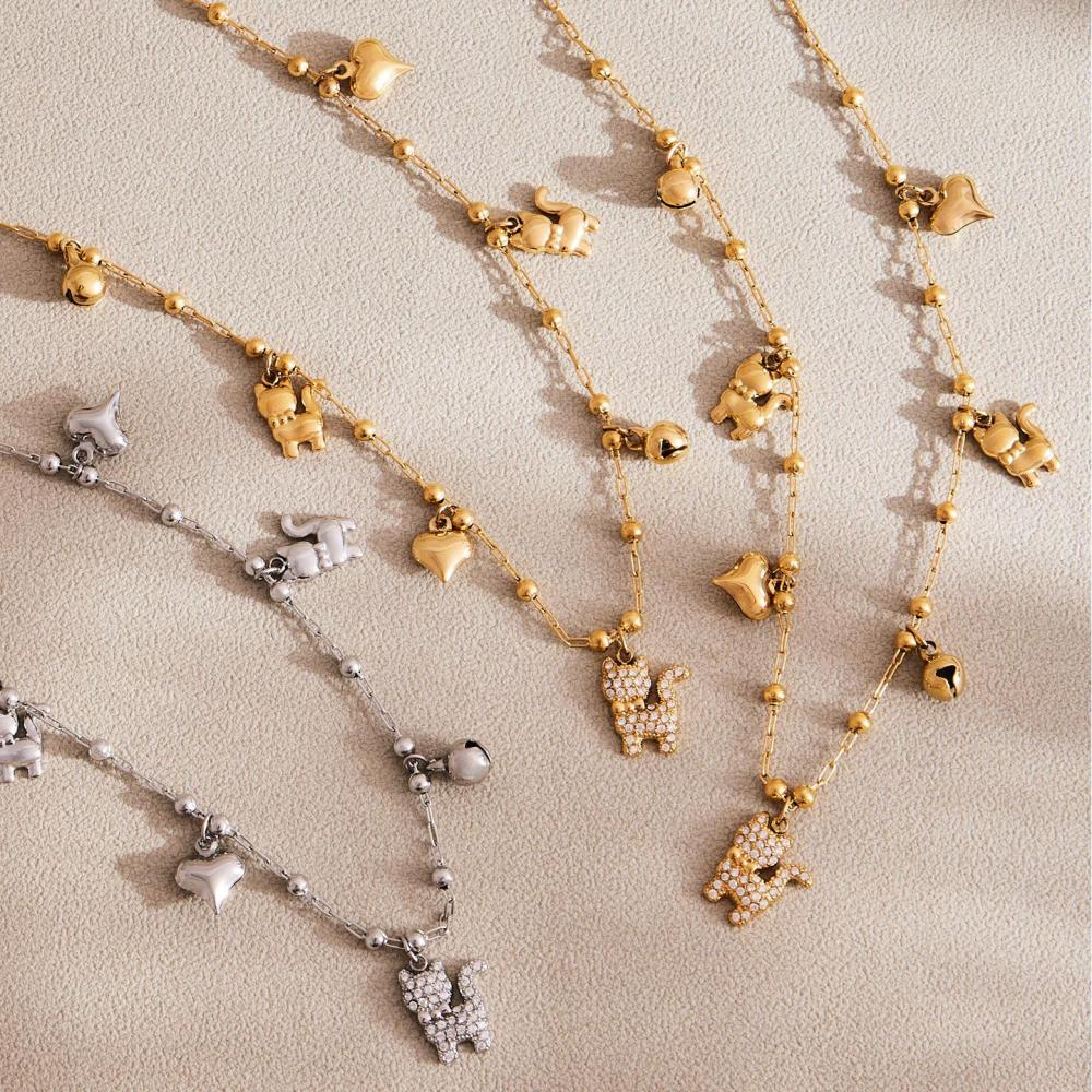 Ensembles De Bijoux Délicats Et Mignons Pour Femmes, En Acier Inoxydable, Étanches, Couleur Or Et Zircon, Avec Motif Chaton. Image6