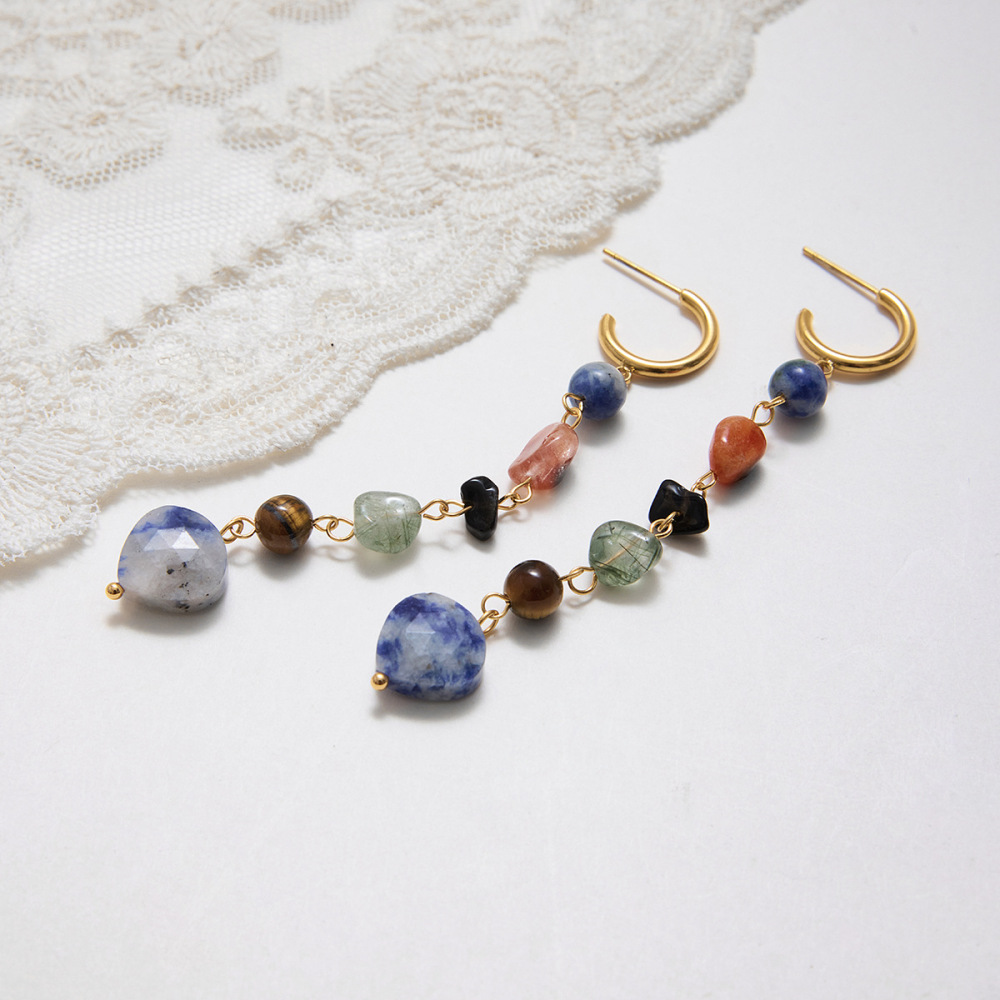 Boucles D'Oreilles Pour Femme, Perles En Pierre Naturelle De Forme Irrégulière, Acier Inoxydable, Étanches (1 Pièce) Image5