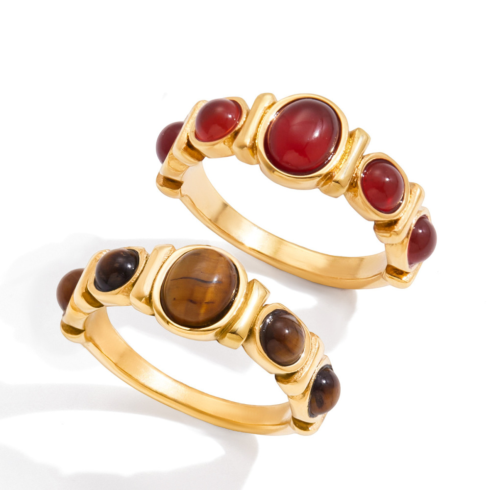 Bague Classique Ronde Pour Femme En Acier Inoxydable, Étanche, Couleur Or, Avec Pierre Naturelle (1 Pièce). Image5