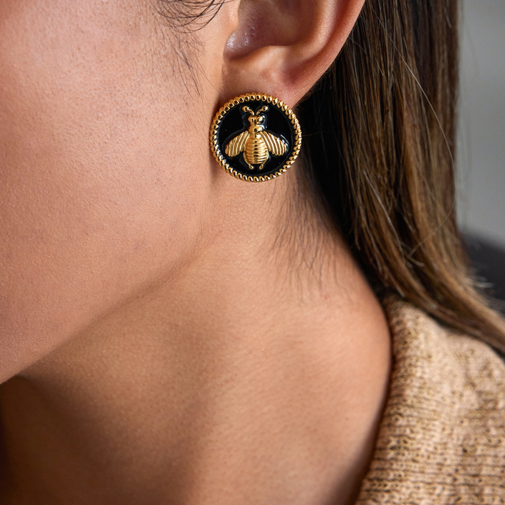 1 Paire De Magnifiques Boucles D'Oreilles À Clous Pour Femme, En Acier Inoxydable Doré, Motif Abeille. h5Image3