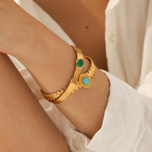 Bracelet Manchette Rétro En Acier Inoxydable Étanche Couleur Or Avec Pierre Naturelle (1 Pièce) h5 Image4