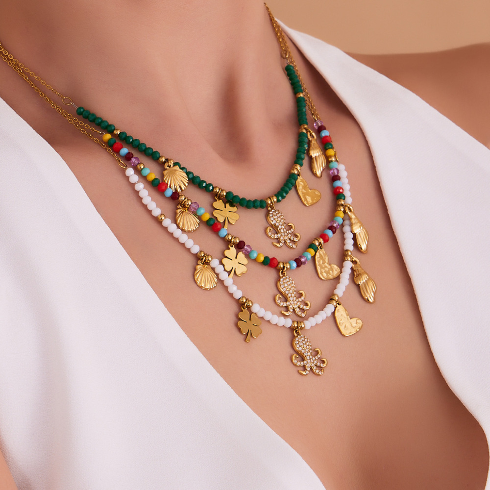 Collier De Perles Pour Femme En Acier Inoxydable Doré, Orné D'Une Pieuvre, De Pierres Naturelles Et De Zircon (1 Pièce) Image2