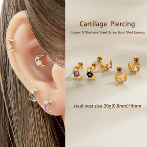Boucle D'Oreille Piercing Lune Cuivre Or Zircon 1 Pièce h5 Image4