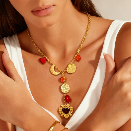 Collier pendentif ethnique quotidien en forme de cœur, en acier inoxydable étanche, pour femme (1 pièce)