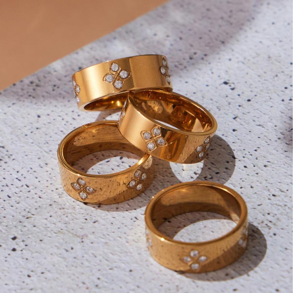 Bague Pour Femme En Acier Inoxydable Doré, Ornée D'Un Zircon Et D'Un Motif Floral Délicat. h5Image6