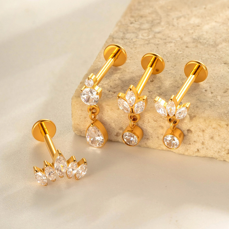 Boucles D'Oreilles Percées Classiques En Alliage De Titane Et Zircone Couleur Or Pour Femme, 1 Pièce Image3