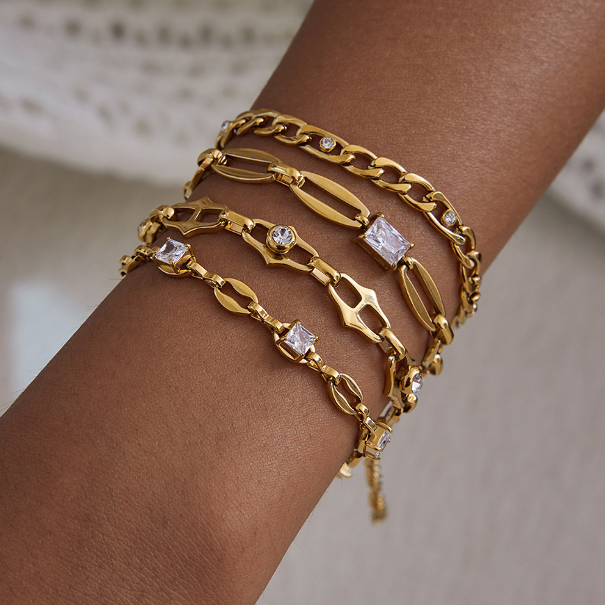 Bracelet À Maillons Pour Femme, En Acier Inoxydable Doré, Orné De Zircon Et D'Une Chaîne Exquise (1 Pièce). h5Image2