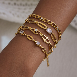 Bracelet À Maillons Pour Femme, En Acier Inoxydable Doré, Orné De Zircon Et D'Une Chaîne Exquise (1 Pièce). h5 Image2