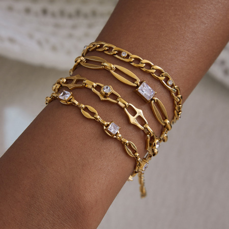 Bracelet à maillons pour femme, en acier inoxydable doré, orné de zircon et d'une chaîne exquise (1 pièce). 2