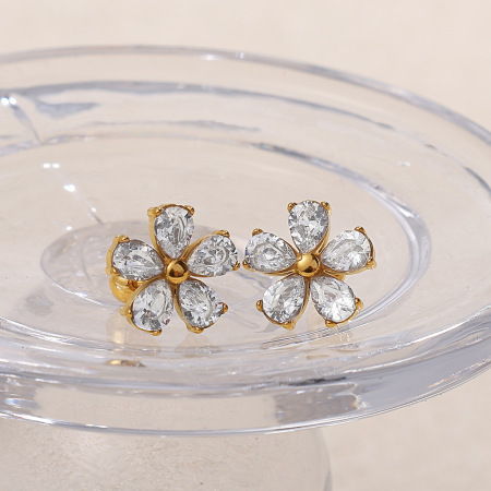 1 paire de boucles d'oreilles piercing en acier inoxydable doré, étanches, avec zircon et motif floral 2