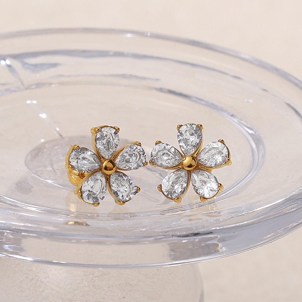 1 Paire De Boucles D'Oreilles Piercing En Acier Inoxydable Doré, Étanches, Avec Zircon Et Motif Floral Image2