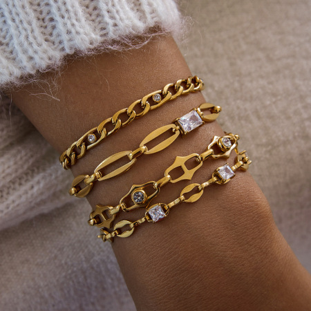 Bracelet à maillons pour femme, en acier inoxydable doré, orné de zircon et d'une chaîne exquise (1 pièce).