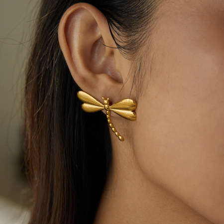 1 paire de magnifiques boucles d'oreilles puces libellule en acier inoxydable étanche couleur or pour femme