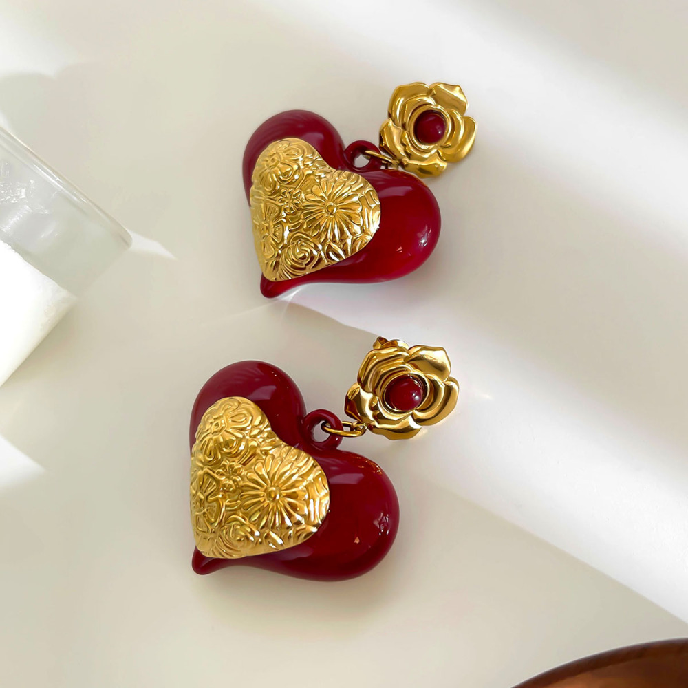 1 Paire De Boucles D'Oreilles Pendantes En Résine Couleur Or En Forme De Cœur Image4