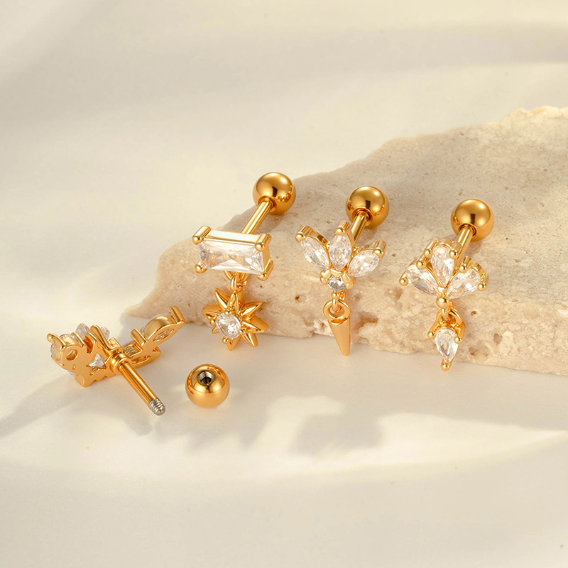 Boucles D'Oreilles Perçantes Pour Femmes, Motif Géométrique, Cuivre, Or, Zircone h5Image4
