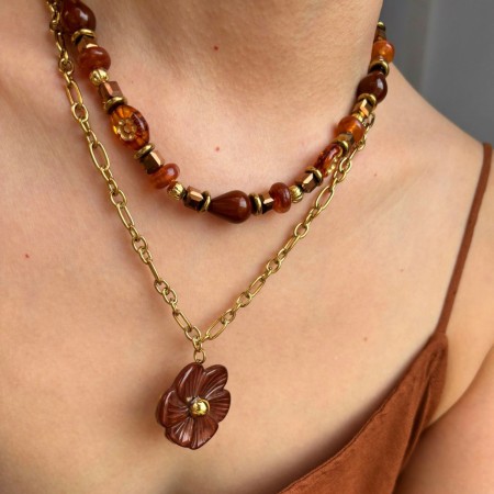 Collier multicouches en acrylique couleur or et résine florale, 1 pièce 2