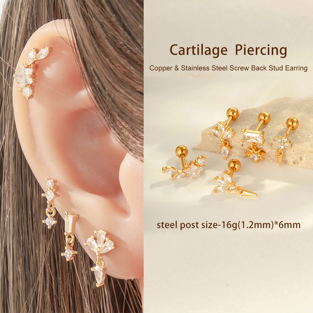 Boucles D'Oreilles Perçantes Pour Femmes, Motif Géométrique, Cuivre, Or, Zircone h5Image6