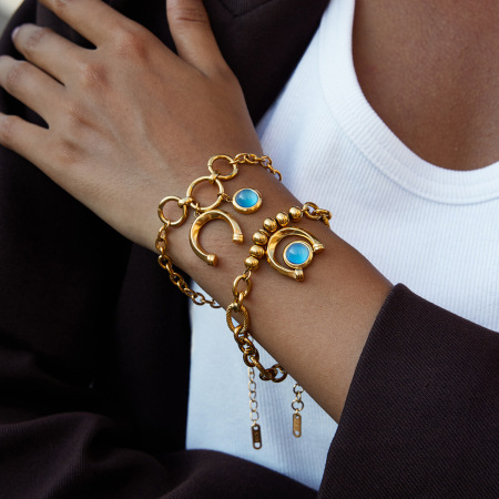 Bracelet à breloques pour femme, 1 pièce, luxueux, rond en résine bleue, acier inoxydable étanche, couleur or 2