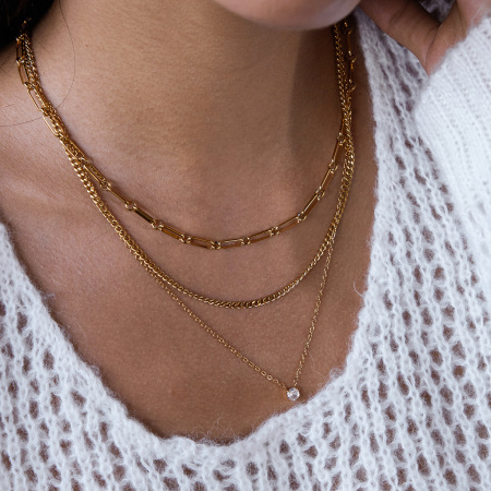 Collier à plusieurs rangs pour femme, en acier inoxydable doré, orné d'un zircon et d'un cercle simple (1 pièce) 2