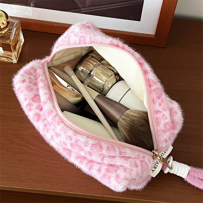 Trousse De Maquillage En Peluche Pour Femme, Motif Léopard Rétro Romantique, 1 Pièce Image4