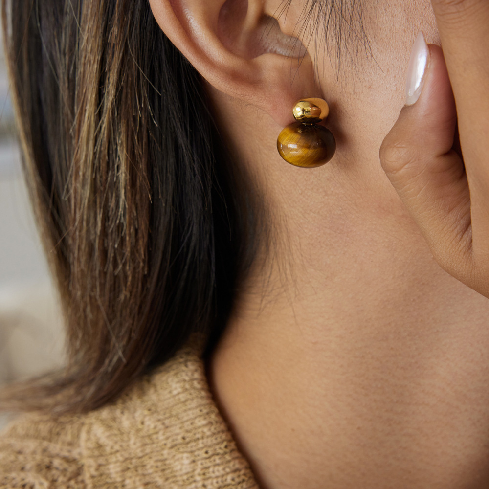 1 Paire De Boucles D'Oreilles Puces Ovales Classiques En Acier Inoxydable, Étanches, Couleur Or, Avec Pierre Naturelle Pour Femme Image3