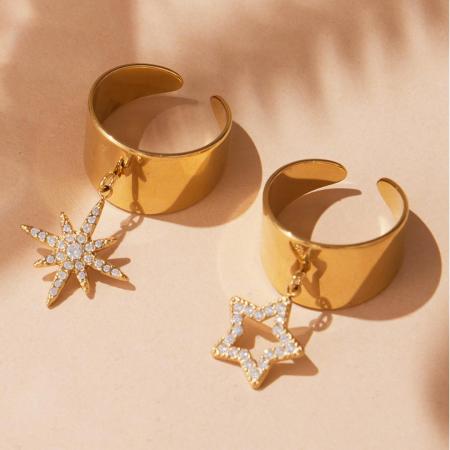 Bague pour femme en acier inoxydable doré, ornée d'un zircon et d'une étoile brillante (1 pièce).