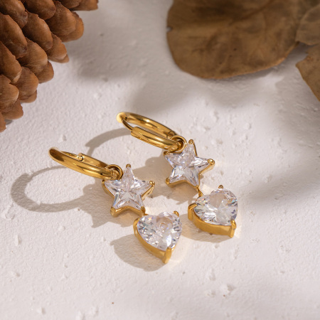 Boucles d'oreilles pendantes en acier inoxydable doré, imperméables, en forme de cœur et d'étoile, avec zircon (1 paire).