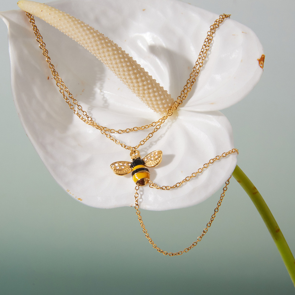 Ensembles De Bijoux Pour Femmes En Acier Inoxydable Imperméable Couleur Or, Motif Abeille Naturelle Romantique Image8