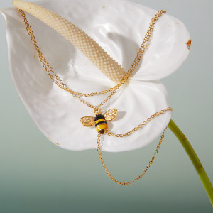 Ensembles De Bijoux Pour Femmes En Acier Inoxydable Imperméable Couleur Or, Motif Abeille Naturelle Romantique h5 Image8