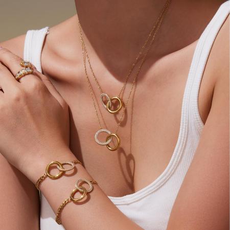 Ensembles de bijoux pour femmes en acier inoxydable imperméable à double cercle simple et zircon doré