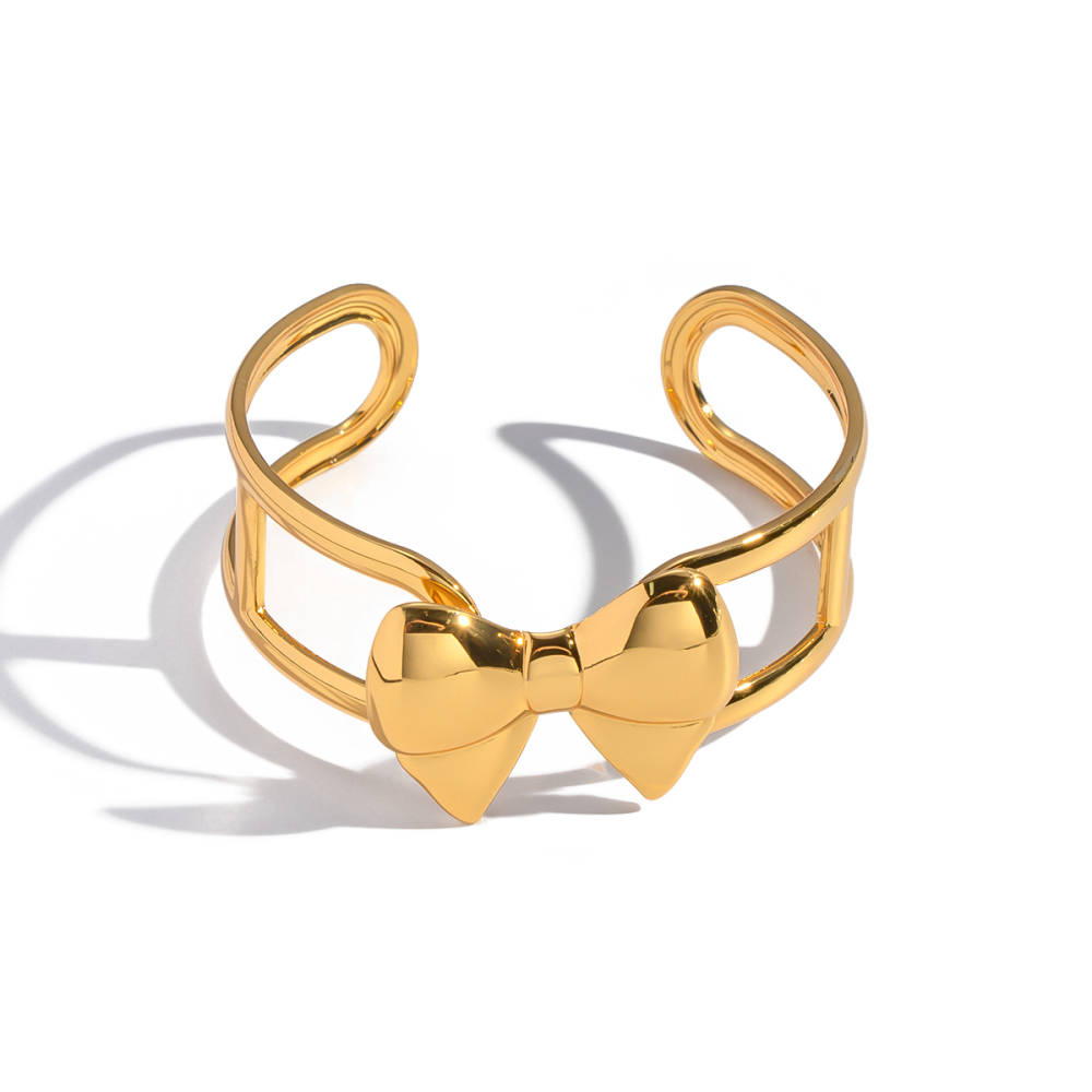 Bracelet Manchette En Acier Inoxydable Doré, Étanche, Avec Nœud Papillon (1 Pièce). Image5