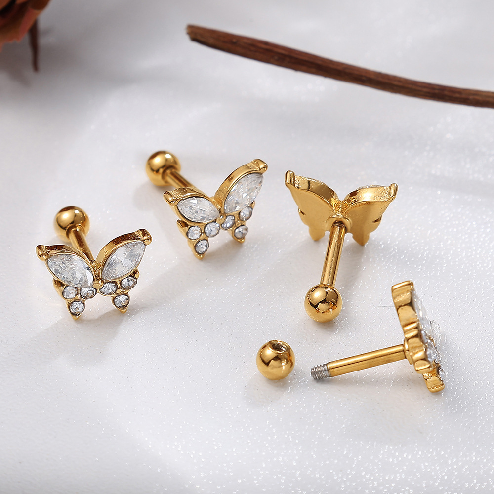 1 Paire De Boucles D'Oreilles Papillon En Acier Inoxydable Étanche Couleur Or Avec Cristal Pour Piercing Image3