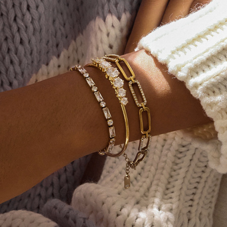 Bracelet jonc luxueux pour femme, en acier inoxydable, étanche, couleur or, orné de zircon (1 pièce) 2