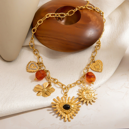 Collier pendentif femme en acier inoxydable étanche, motif fleur, cœur et soleil, à faire soi-même (1 pièce)