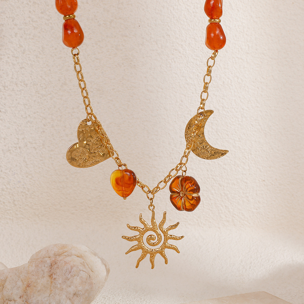 Collier Ethnique Diy Pour Femme, En Acier Inoxydable, Imperméable, Avec Perles, Motif Fleur, Cœur Et Soleil (1 Pièce) Image3
