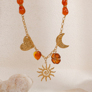 Collier Ethnique Diy Pour Femme, En Acier Inoxydable, Imperméable, Avec Perles, Motif Fleur, Cœur Et Soleil (1 Pièce) h5 Image3